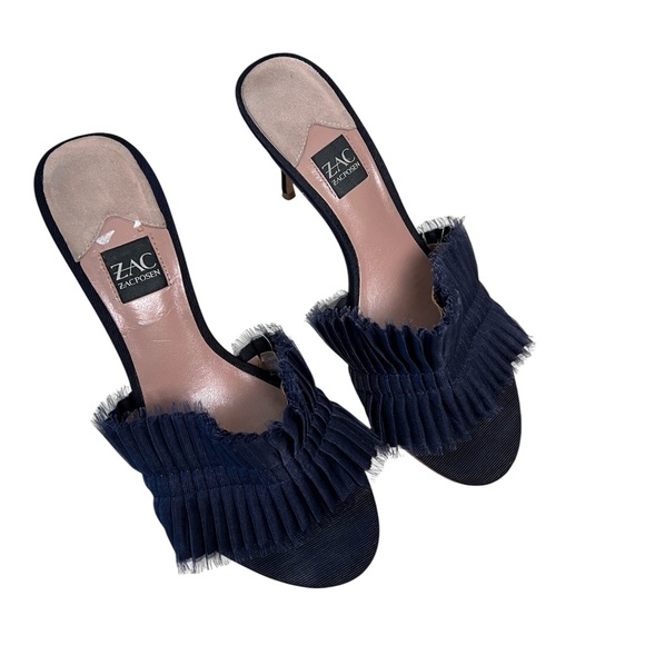 Zac Zac Posen Women’s Navy Blue Pleated Chiffon High Heels Slide Mule Shoes 7M - Picture 1 of 7